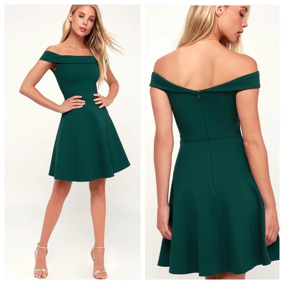 Lulus Women’s Small Season of Fun Forest Green Off Shoulder Skater Mini Dress - Picture 1 of 14